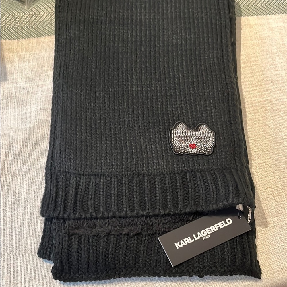 Karl Lagerfeld Black Knit Scarf with Patch